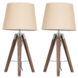 Valuelights Clipper Pair Of Distressed Wood And Silver Chrome Tripod Table Lamps With Beige Light Shades