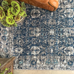 Loomed Navy Blue Grey Distressed Floral Medallion Bordered Area Rug 120X170Cm - thumbnail 2