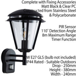 2 Pack Ip44 Outdoor Wall Lamp Matt Black Steel Modern Pir Lantern Porch Curved - thumbnail 3