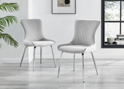 Furniturebox Set Of 2 Dining Chairs - Nora Premium Dining Chairs - Grey Velvet Chrome Leg Dining Chairs - Kitchen Dining Room Chairs