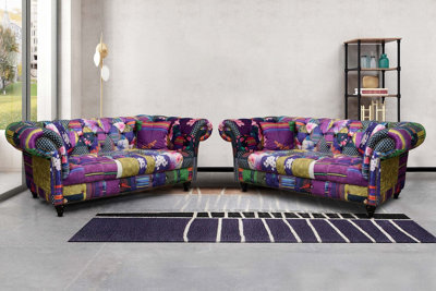 Multicoloured Patchwork Fabric 2 + 2 Seater Chesterfield Sofa Set For Living Room Portofino - image 1