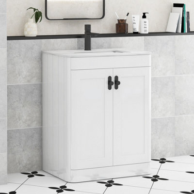 Royal Bathrooms Henley 600mm Gloss White Floor Standing Vanity Unit 2 Door With Undrilled Carrara White Top & Matt Black Knob - image 1