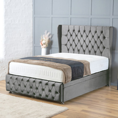 Bsspoke Ottoman Divan Bed Grey Plush With 25Cm Orthopaedic Mattress 138Cm Headboard & Footboard End Lift Up Storage In All Sizes - image 1