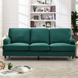 Woodbury 218Cm Wide 3 Seat Green Velvet Fabric Sofa Walnut Colour Legs With Brass Coloured Wheel