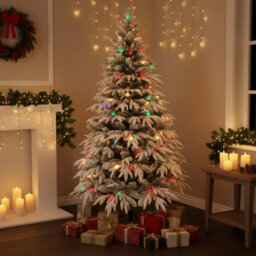 Shatchi 5Ft Pre-Lit Lapland Fir Artificial Green Christmas Tree Snow Flocked Pe Pvc Mixed Tips Hinged Branches Home Snowy - thumbnail 5