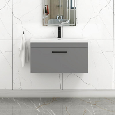 Royal Bathrooms Turin Indigo Grey Gloss 800mm Wall Hung Vanity Unit 1 Drawer With Mid-Edge Basin Sink & Matt Black Handles - image 1