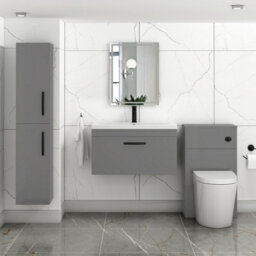 Royal Bathrooms Turin Indigo Grey Gloss 800mm Wall Hung Vanity Unit 1 Drawer With Mid-Edge Basin Sink & Matt Black Handles - thumbnail 2