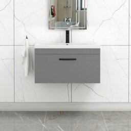 Royal Bathrooms Turin Indigo Grey Gloss 800mm Wall Hung Vanity Unit 1 Drawer With Mid-Edge Basin Sink & Matt Black Handles