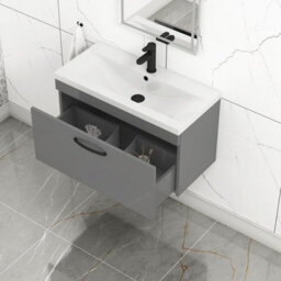 Royal Bathrooms Turin Indigo Grey Gloss 800mm Wall Hung Vanity Unit 1 Drawer With Mid-Edge Basin Sink & Matt Black Handles - thumbnail 3