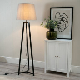 Valuelights Lottie Black Wood Tripod Floor Lamp With Grey Tapered Shade - Led Bulb Included