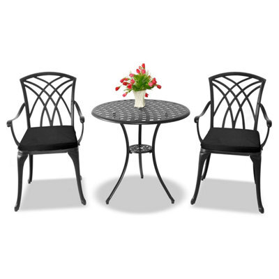 Centurion Supports Oshowa Garden And Patio Table And 2 Large Chairs With Armrests Cast Aluminium Bistro Set - Black Cushions - image 1
