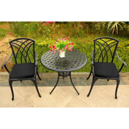 Centurion Supports Oshowa Garden And Patio Table And 2 Large Chairs With Armrests Cast Aluminium Bistro Set - Black Cushions - thumbnail 4