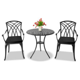 Centurion Supports Oshowa Garden And Patio Table And 2 Large Chairs With Armrests Cast Aluminium Bistro Set - Black Cushions - thumbnail 1
