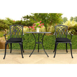 Centurion Supports Oshowa Garden And Patio Table And 2 Large Chairs With Armrests Cast Aluminium Bistro Set - Black Cushions - thumbnail 2