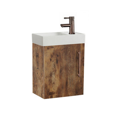 Homestylestore 400mm Dark Oak Wall Hung Bathroom Vanity Unit And Aged Bronze T Bar Handle - image 1