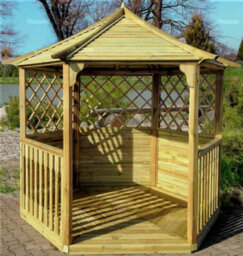 Hexagonal Wooden Gazebo With Floor, Balustrades And Trellis Panels, Pressure Treated - 8Ft X 7Ft (2.6M X 2.3M) - thumbnail 2