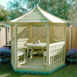 Hexagonal Wooden Gazebo With Floor, Balustrades And Trellis Panels, Pressure Treated - 8Ft X 7Ft (2.6M X 2.3M) - thumbnail 1