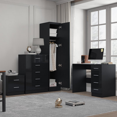 Reflect 1 Door Plain Wardrobe, 5 Drawer Chest, 2 Drawer Bedside & Desk - Black Gloss & Black Oak - Bedroom Furniture Set - image 1