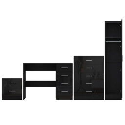 Reflect 1 Door Plain Wardrobe, 5 Drawer Chest, 2 Drawer Bedside & Desk - Black Gloss & Black Oak - Bedroom Furniture Set - thumbnail 6
