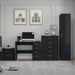 Reflect 1 Door Plain Wardrobe, 5 Drawer Chest, 2 Drawer Bedside & Desk - Black Gloss & Black Oak - Bedroom Furniture Set - thumbnail 3