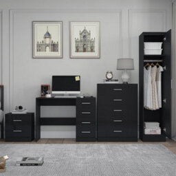 Reflect 1 Door Plain Wardrobe, 5 Drawer Chest, 2 Drawer Bedside & Desk - Black Gloss & Black Oak - Bedroom Furniture Set - thumbnail 4