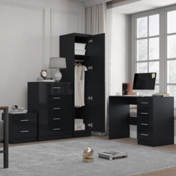 Reflect 1 Door Plain Wardrobe, 5 Drawer Chest, 2 Drawer Bedside & Desk - Black Gloss & Black Oak - Bedroom Furniture Set