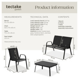 Tectake Garden Furniture Set Nora - Up To 4 People, Textilene Fabric, Weather-Resistant Set 1 (1 X Sofa / 1 X Table / 2 X Armchairs) - Bla - thumbnail 6