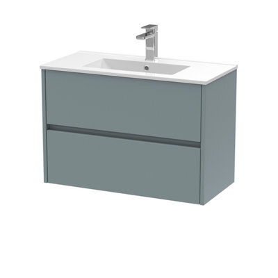Nuie Havana Wall Hung 2 Drawer Vanity Basin Unit & Minimalist Ceramic Basin, Modern Sink Vanity Unit In Coastal Grey With White - image 1