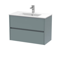 Nuie Havana Wall Hung 2 Drawer Vanity Basin Unit & Minimalist Ceramic Basin, Modern Sink Vanity Unit In Coastal Grey With White - thumbnail 1
