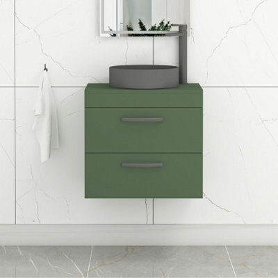 Royal Bathrooms Turin 500mm Wall Mounted Bathroom Vanity Unit With Sink 2 Drawer Matt Green & Art Round Countertop Basin - image 1