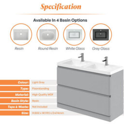 Plum&clay Marvel Gloss Light Grey Floor Standing Bathroom Vanity Unit With Resin Basin (W)1200mm - thumbnail 4