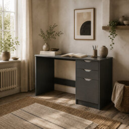 Wyld Haus Sareco 120Cm High-Gloss Grey Home Office Desk With Drawers And Cabinet