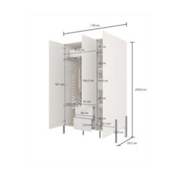 Arte  Yukon Hinged Door Wardrobe 139Cm - Cashmere Finish, Shelves, Hanging Rail & Drawers - thumbnail 4