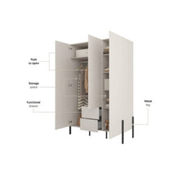 Arte  Yukon Hinged Door Wardrobe 139Cm - Cashmere Finish, Shelves, Hanging Rail & Drawers - thumbnail 3