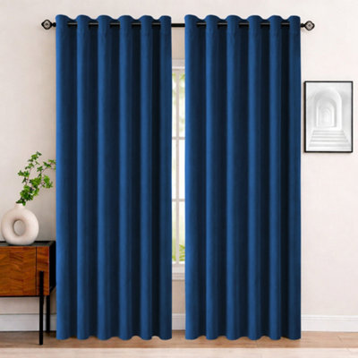 Bedlooms Navy Crushed Velvet Curtains Blackout Thermal Insulated Eyelet Curtain (Pair) 66 X 90 Inches With Tie Back Two - image 1
