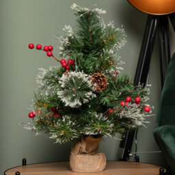 Samuel Alexander 50Cm Mini Christmas Tree With Red Berries, Pinecones And Frosted Tips In Burlap Base