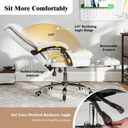 Costway Ergonomic Office Chair Pu Leather Computer Chair W/ Footrest-White - thumbnail 6