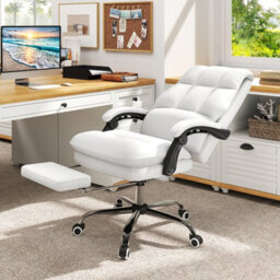 Costway Ergonomic Office Chair Pu Leather Computer Chair W/ Footrest-White - thumbnail 4