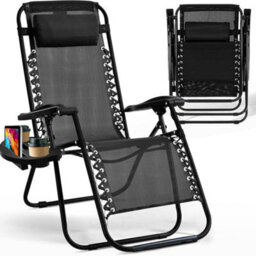 H4H 1X Zero Gravity Chair With Cup Holder Folding Reclining Garden Lounger Adjustable Headrest Heavy Duty Textoline Camping Chair - thumbnail 1