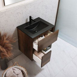 Homestylestore Dark Oak 612mm Wall Hung Bathroom Vanity Unit Led Lit Open Shelf And Graphite Basin - thumbnail 2