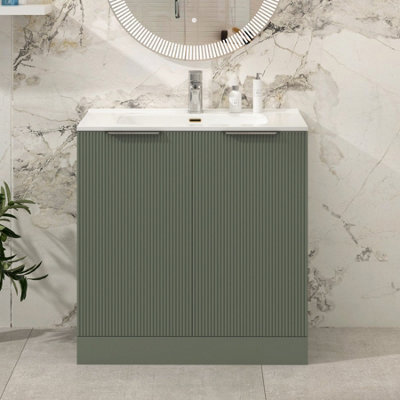 Royal Bathrooms Evora 800mm Sage Green Fluted Floor Standing Bathroom Vanity Unit 2 Door Cabinet Storage With Ceramic Basin Sink - 1 Tap Hole - image 1