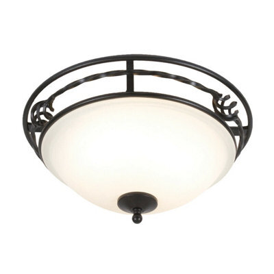 Elegant 2 Bulb Flush Mount Light With Glass Shade And Iron Scrolls In Black Finish