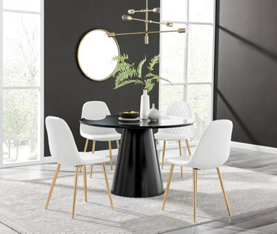 Furniturebox Uk Palma Black Semi Gloss Round Dining Table & 4 White Corona Gold Leg Chairs - image 1