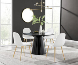 Furniturebox Uk Palma Black Semi Gloss Round Dining Table & 4 White Corona Gold Leg Chairs