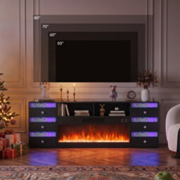 Fenchilin Electric Fireplace Tv Stand With Bluetooth Speaker 6 Rgb Led Glitter Drawers, Remote & Timer, Black 180Cm - thumbnail 2