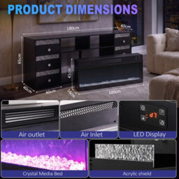 Fenchilin Electric Fireplace Tv Stand With Bluetooth Speaker 6 Rgb Led Glitter Drawers, Remote & Timer, Black 180Cm - thumbnail 7