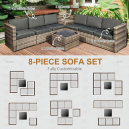 Outsunny 8Pcs Patio Rattan Sofa Set Garden Furniture Side Table W/ Cushion - thumbnail 6