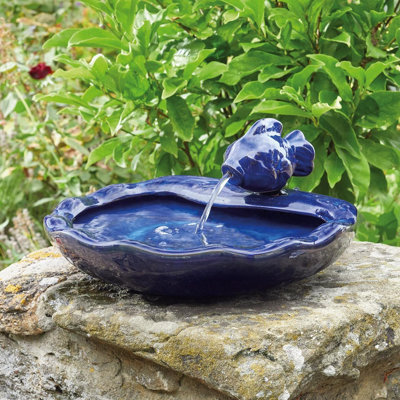 Glazed Blue Ceramic Fish Solar Powered Water Feature - Outdoor Garden Decorative Koi Carp Water Fountain - H16 X W37 X D32Cm - image 1