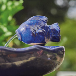 Glazed Blue Ceramic Fish Solar Powered Water Feature - Outdoor Garden Decorative Koi Carp Water Fountain - H16 X W37 X D32Cm - thumbnail 2