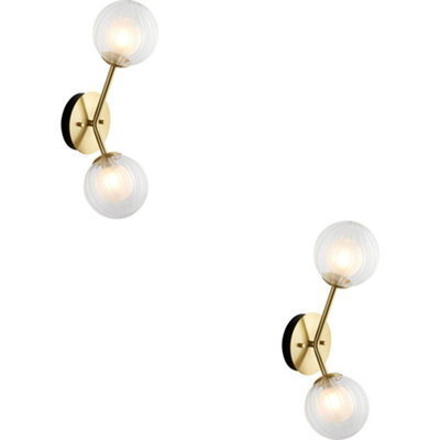 Loops 2 Pack Satin Brass Dimmable Wall Light - 2X Dome Ribbed Glass Shade -  2X 3W Led G9 - image 1